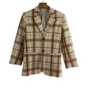 Moussy Womens Boxy Plaid Check Tailored Blazer Jacket Ivory/Brown Size S